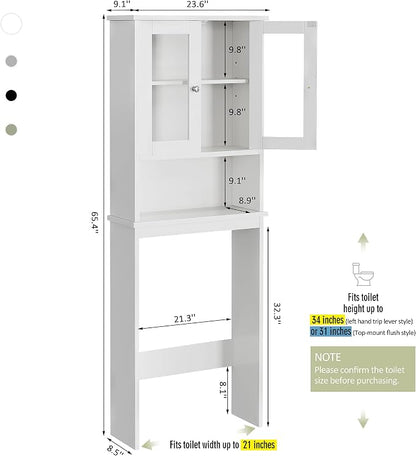 Over The Toilet Storage Cabinet for Bathroom, Storage Organizer Over Toilet, Space Saver with Tempered Glass Doors, White