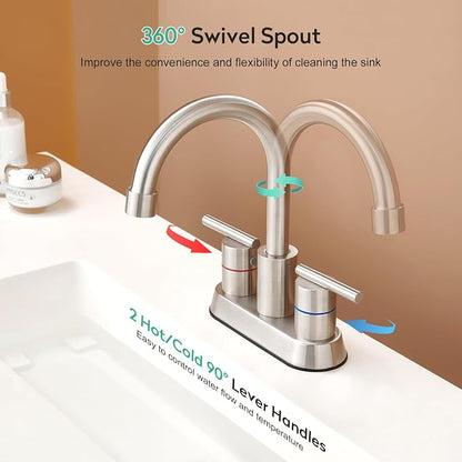 Faustina Brushed Bathroom Faucet, 4 Inch Centerset Faucets for Sink 2 Holes 3 Holes，Two Handles 304 Stainless Steel Bathroom Sink Faucet with Pup up Drain and 2 cUPC Water Supply Lines for RV Vanity