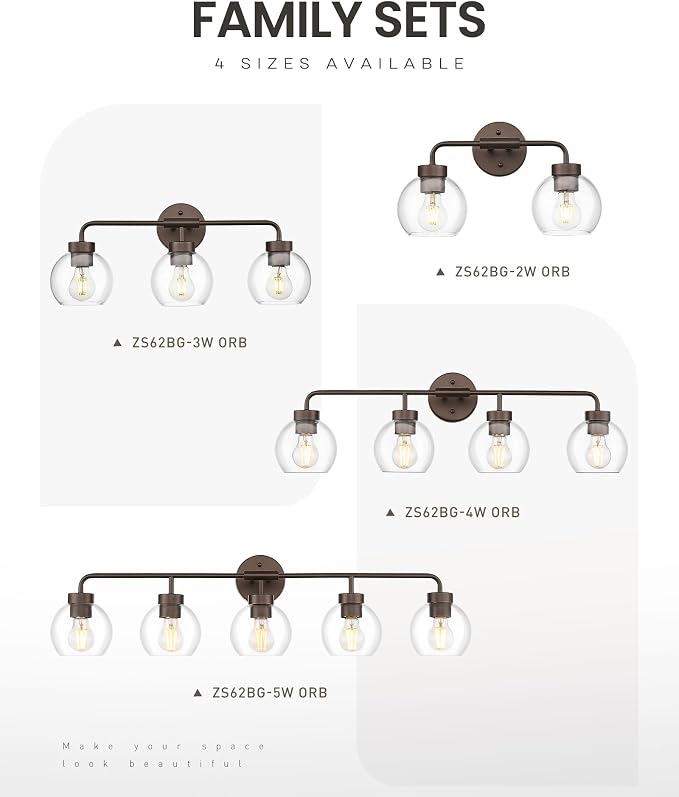 zeyu Oil Rubbed Bronze 32-Inch 4-Light Bathroom Vanity Light, ZS62BG-4W ORB | Bathroom Lights Fixtures Over Mirror, Hardwired, ETL Listed, Up/Down Mount, Clear Globe Glass Shades, For Bathroom Mirror