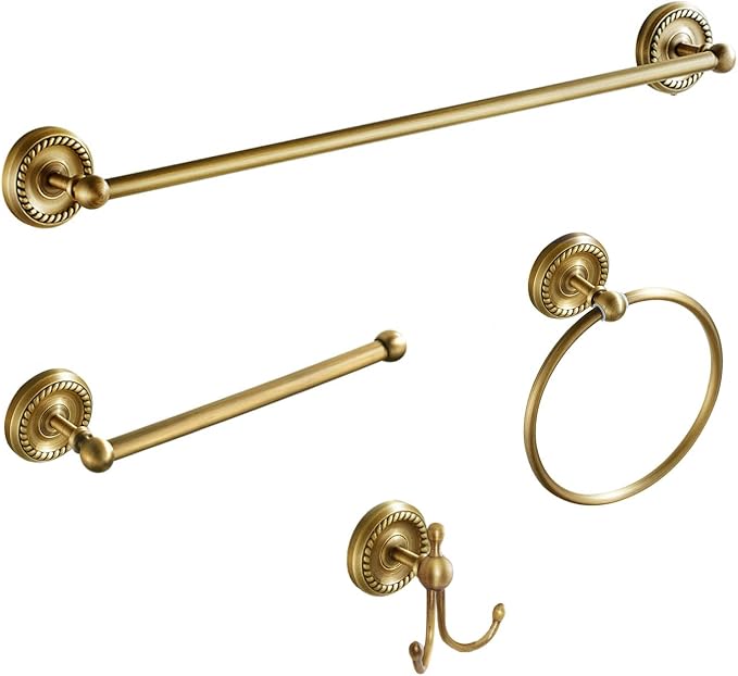4 Piece Antique Brass Gold Bathroom Accessories Set - 24” Towel Holder, Antique Bar Brass Bath Accessories - Wall Mounted Bathroom Hardware Accessory Set