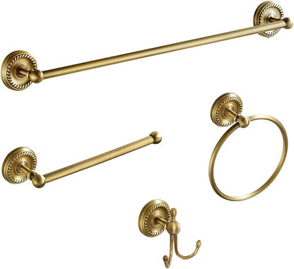 4 Piece Antique Brass Gold Bathroom Accessories Set - 24” Towel Holder, Antique Bar Brass Bath Accessories - Wall Mounted Bathroom Hardware Accessory Set