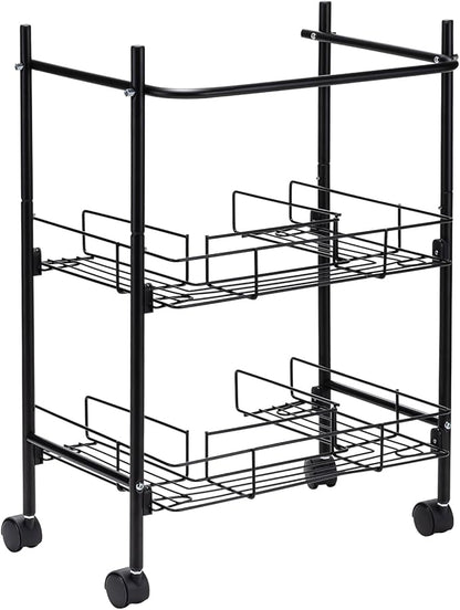 2-Tier Under Sink Organizer Multipurpose Movable Rolling Cart Storage Cabinet Basket for Bathroom Kitchen with Hand Towel Bar, Black