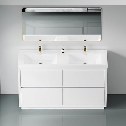 60 Inch Bathroom Vanity with Sink, Double Sink Bathroom Vanity, Freestanding Vanity Bathroom Soft Closed 4 Drawers, Integrated Sink (Glossy White)