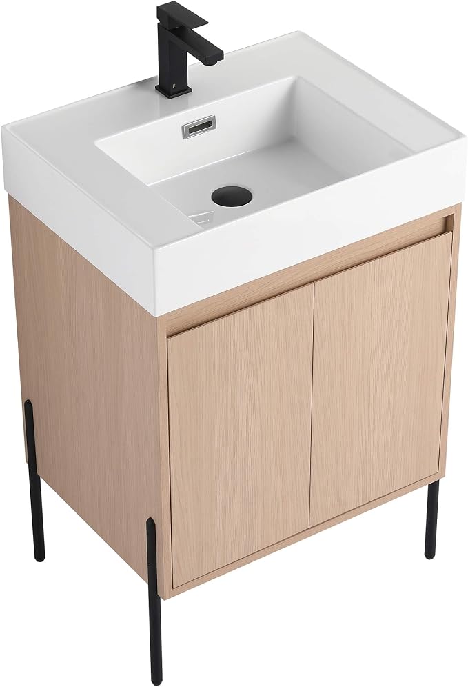 Crownpoint 24 Inch Bathroom Vanity with Sink, White Sink, White Oak Finish, Full Assembly Required, Elegant Bathroom Vanities for Modern Homes