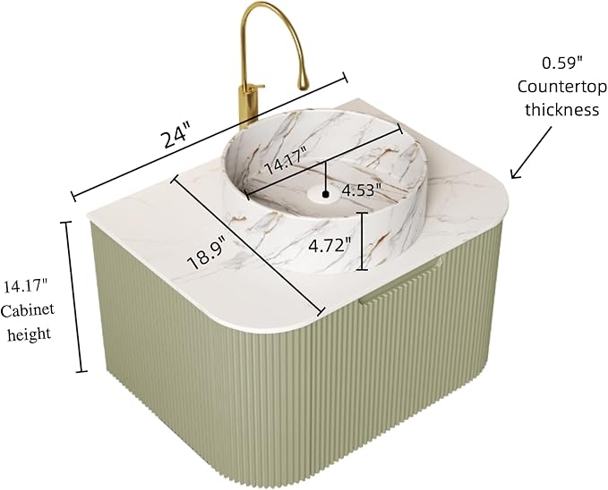 24'' Floating Vanity with Sink Combo, Modern Wall-Mounted Curved Edges Striped Bathroom Storage Cabinet with Soft-Close Drawer and White Stone Pattern Basin, Light Green
