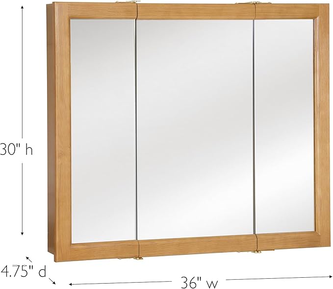 Design House Richland Medicine Cabinet, Fully Assembled, Wall Mounted, 3 Mirrored Doors, Wood Frame, Oak Finish, 36 in x 4.75 in x 30 in, 530576-NOK