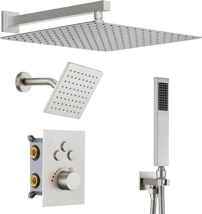 Thermostatic Dual Shower System, Shower Faucet(Brushed Nickel) | 12 Inch Rainfall Shower Head, 6 Inch Wall Mount Head, High Pressure Handheld Sprayer, Push Button Valve