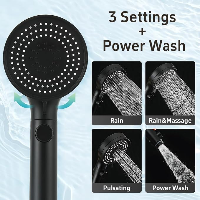 Handheld Shower Head with Hose 60 Inch, High Pressure Shower Head with On Off Switch Button 3 Modes, Matte Black | High Pressure Shower Head with Hose, Matte Black Color, 60inches Hose