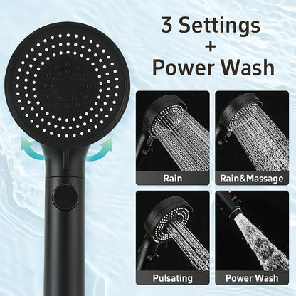 Handheld Shower Head with Hose 60 Inch, High Pressure Shower Head with On Off Switch Button 3 Modes, Matte Black | High Pressure Shower Head with Hose, Matte Black Color, 60inches Hose