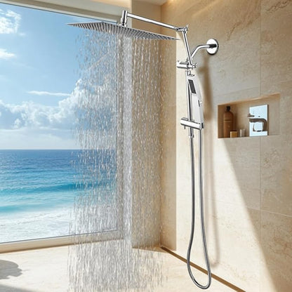 All Metal 10 Inch Rain Shower Head with Handheld Spray Combo, High Pressure Waterfall Rainfall Square Shower Heads with 16" Adjustable Extension Arm, Dual Showerhead with 3-Way Diverter, Chrome