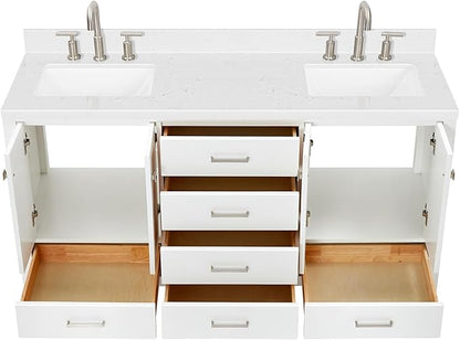 ARIEL Cambridge 66-inch Bathroom Vanity with Sink,Solid Wood, 1.5-inch Carrara White Quartz Countertop, Double Rectangular Porcelain Sink, 4 Soft Closing Doors, 6 Dovetail Drawers, White