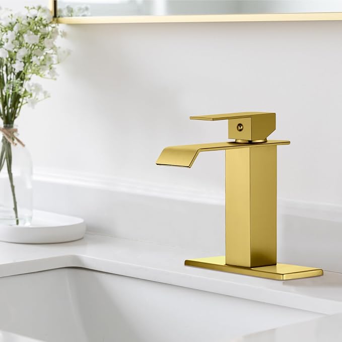 Midanya Waterfall Bathroom Sink Faucet 1 Hole,Gold | with cUPC Hoses,Pop Up Drain,Deck Plate,for 1 or 3 hole sink,Vanity,RV,Lavatory,Basin,Farmhouse,Stainless Steel,Single Handle