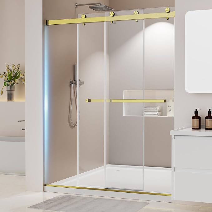 Frameless Shower Door, Stainless Steel Sliding Shower Doo, 50-54" W x 76" H - 1/4” (6mm) Thick Tempered Glass Rust-Proof Glass Shower Door with Dual Tracks in Gold