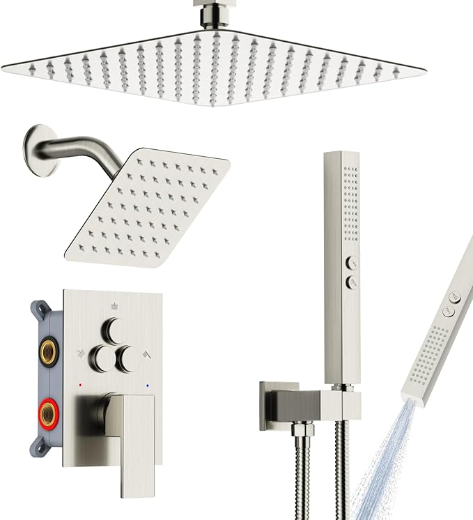Shower Faucet Set Shower System - EMBATHER Brushed Nickel Push Button Diverter Dual Shower Faucet Valve Kit with Rain Ceiling Mount 10 Inch Shower Head 6 Inch Wall Mount, 2 in 1 Handheld for Couple