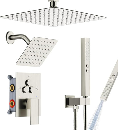 Shower Faucet Set Shower System - EMBATHER Brushed Nickel Push Button Diverter Dual Shower Faucet Valve Kit with Rain Ceiling Mount 10 Inch Shower Head 6 Inch Wall Mount, 2 in 1 Handheld for Couple