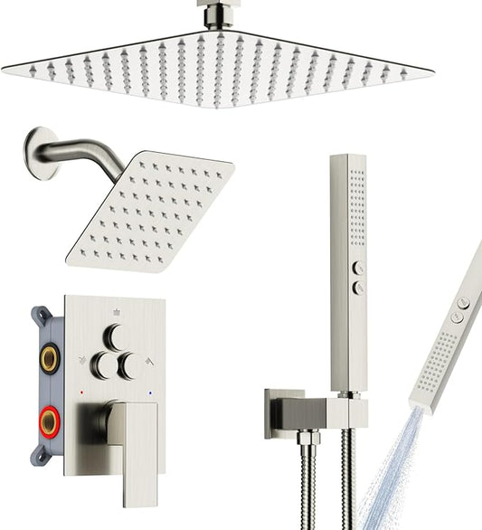 Shower Faucet Set Shower System - EMBATHER Brushed Nickel Push Button Diverter Dual Shower Faucet Valve Kit with Rain Ceiling Mount 10 Inch Shower Head 6 Inch Wall Mount, 2 in 1 Handheld for Couple