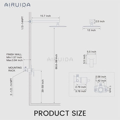 Airuida Shower Faucet Set,12 Inch Shower Valve Kit,Brushed Gold | Male Threads,Rough-in Valve Shower Trim Kit,Single Handle Control Shower Set