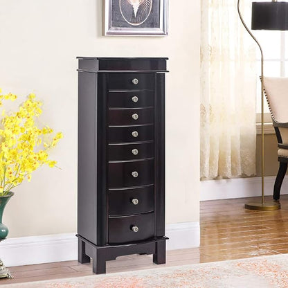 Standing Jewelry Armoire Cabinet Storage Chest with 8 Drawers, 2 Swing Doors, 16 Necklace Hooks, Makeup Mirror Storage Organizer, Large Standing Jewelry Armoire for Women(Brown)