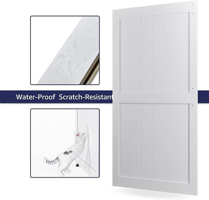 42in x 84in MDF Sliding Barn Door with 7ft Barn Door Hardware Kit & Handle | White Solid Barn Door Slab Covered with Water-Proof PVC Surface, Pre-Drilled Holes Easy Assembly, H-Frame
