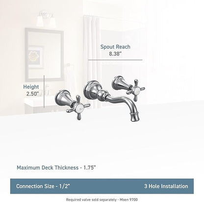 Moen TS42112BL Weymouth Cross Handle Wall Mount Bathroom Faucet Trim, Valve Required, Matte Black