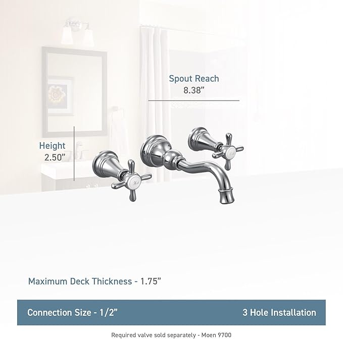 Moen TS42112BN Weymouth Cross Handle Wall Mount Bathroom Faucet Trim, Valve Required, Brushed Nickel