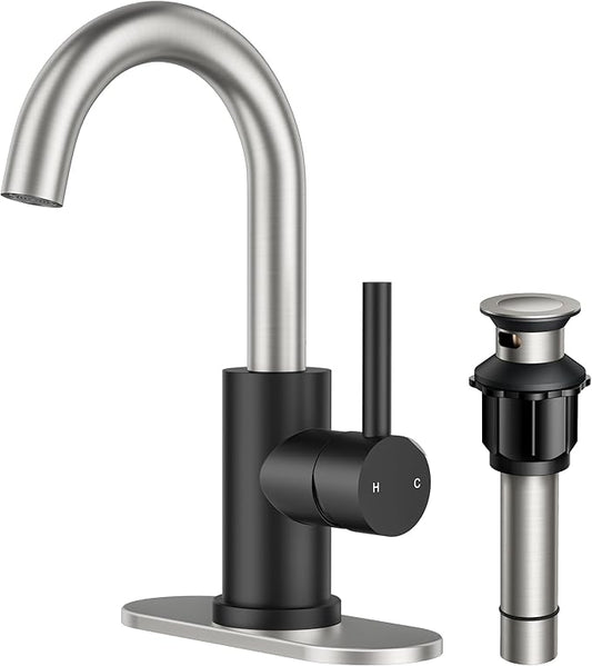 FORIOUS Black and Brushed Nickel Bathroom Sink Faucet 1 or 3 Hole with Metal Pop Up Drain and Hoses, Single Handle Vanity Faucet for Bathroom Bar Kitchen RV, 360° Swivel High Arc Spout