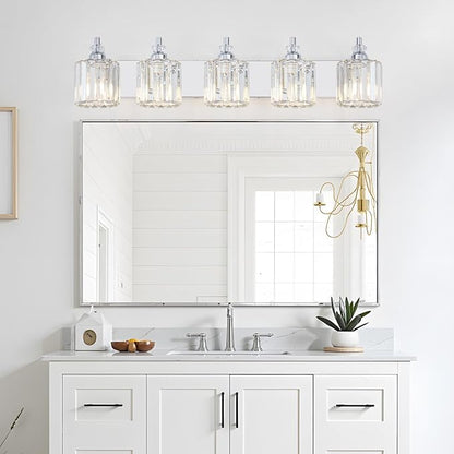 5-Light Modern Bathroom Light Fixture Chrome Bathroom Vanity Lights Over Mirror Wall Sconce Lighting with K9 Crystal Shades E26 Base for Bedroom, Living Room, Hallway Wall Lamp