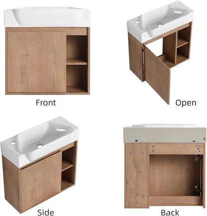 24" Bathroom Vanity with Ceramic Sink, Farmhouse Cabinet, Natural | Curved Sink Ceramic, Soft-Close Door, Interior Compartment and 2-Tier Open Side Shelves, 45° Inclined Edge Handle