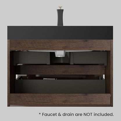 30" Floating Bathroom Vanity with Matte Black Sink, Modern Bathroom Cabinet with Top and Soft Close Drawers, Spacious Storage for Small Space, Walnut - Lavanda Collection