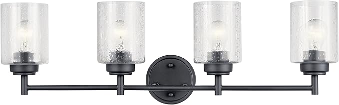 Kichler Winslow 4-Light Farmhouse Vanity Light, Black | Clear seeded glass vanity light with industrial styling (30" x 9.25" x 6.5"), 45887BK