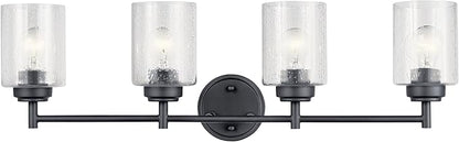 Kichler Winslow 4-Light Farmhouse Vanity Light, Black | Clear seeded glass vanity light with industrial styling (30" x 9.25" x 6.5"), 45887BK
