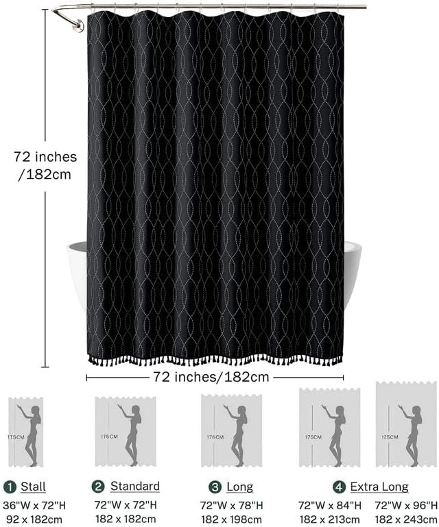 OVZME Black Shower Curtain for Bathroom, Puff Printed Textured Shower Curtain with Tassels, Rustic Geometry Heavy Duty Vintage Country Bathroom Curtain, Water Resistant Fabric, 72Wx72L Inches