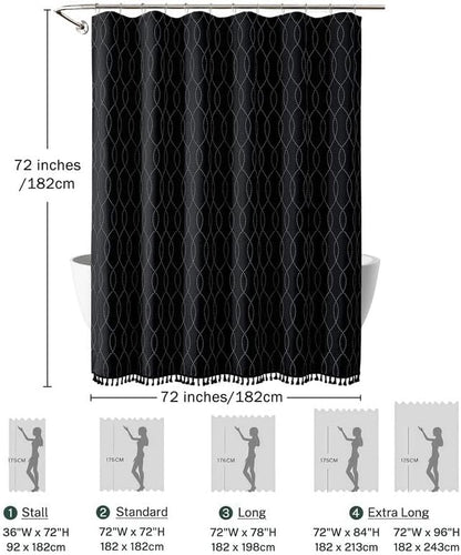 OVZME Black Shower Curtain for Bathroom, Puff Printed Textured Shower Curtain with Tassels, Rustic Geometry Heavy Duty Vintage Country Bathroom Curtain, Water Resistant Fabric, 72Wx72L Inches