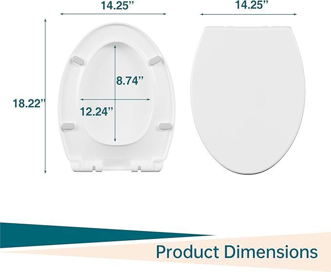 19" Elongated Toilet Seat with Soft Close, Quick Release and Quick Attach Design, Plastic Toilet Seat with Non-Slip Bumpers, Never Loosens and Easy to Install and Clean, Fits Most Elongated Toilets