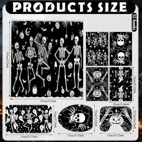 FuWeave 8 Pcs Halloween Shower Curtain Set for Bathroom Decor Include Dancing Skeleton Skull Ghost Pumpkin Towels Halloween Non Slip Spider Web Rugs Toilet Lid Cover Bat Bath Mat and 12 Hooks