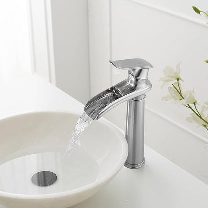 BWE Vessel Sink Faucet Brushed Nickel Tall Waterfall Bathroom Faucet Deck Mount Single Handle One Hole Lavatory Vanity Faucet with Pop Up Drain Assembly and Supply Hose