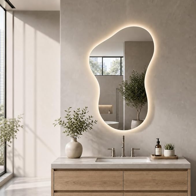 Irregular Led Bathroom Mirror with Lights 23x36 Inch, Backlit Asymmetrical Led Bathroom Mirror for Wall, Lighted Vanity Mirror with Lights, Anti-Fog, Dimmable 3 Colors, Shatter-Resistant