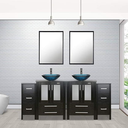 eclife 72" Modern Bathroom Vanity Sink Combo Freestanding Cabinet with Small Side Cabinet, Turquoise Square Glass Vessel Sink, Water Save Faucet, Drain (Black+A10)