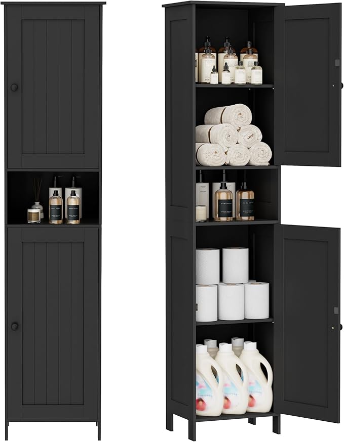 Homleke Tall Bathroom Storage Cabinet with 2 Doors, Slim Bathroom Cabinet | Narrow Storage Cabinet with Adjustable Shelves, Anti-Tip Design, Reversible Door, Easy Assembly, Black, 15.7''W
