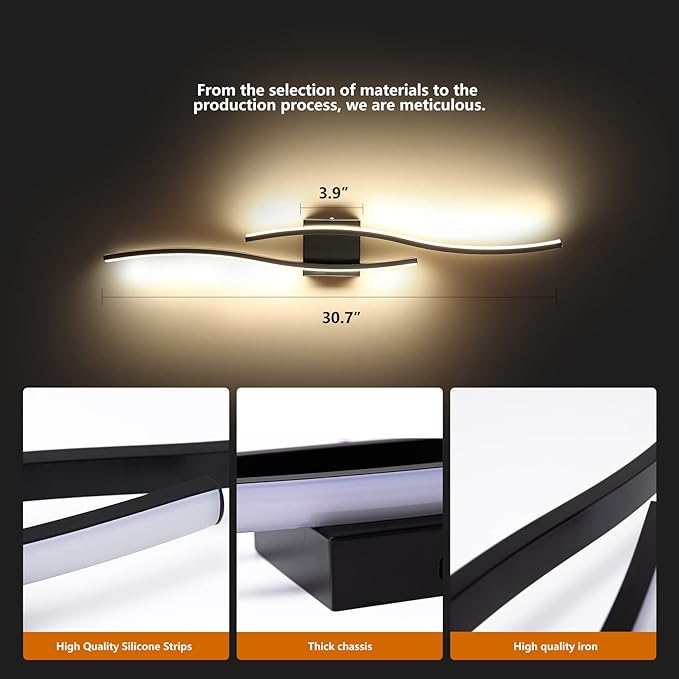 Black Vanity Lighting 31 Inch 18W Metal Linear Wall Mounted Lamp Fixtures Modern Wall Sconce Bathroom Bedroom Wall Lighting for Mirror 4000K…