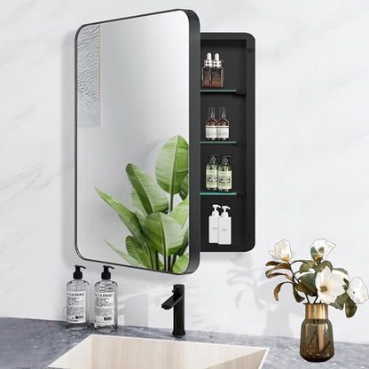 16x20 inch Black Medicine Cabinet with Mirror Farmhouse Metal Framed Cabinet Surface or Recessed Installation Rounded Rectangle Bathroom Medicine Cabinet