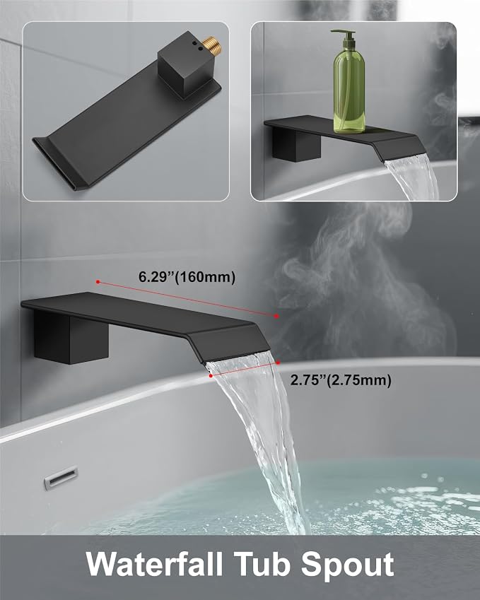 Aolemi Shower System with Tub Spout and Valve Matte Black | 10-Inch Square Wall Mounted Rainfall Shower Head and Handheld,3-Function Bathtub Shower Faucet Set
