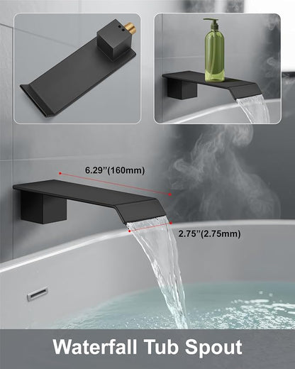 Aolemi Shower System with Tub Spout and Valve Matte Black | 10-Inch Square Wall Mounted Rainfall Shower Head and Handheld,3-Function Bathtub Shower Faucet Set