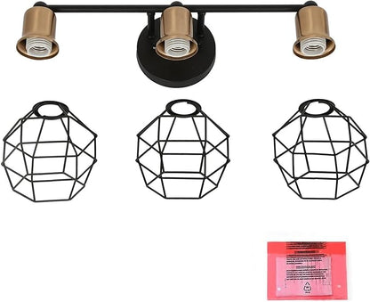 LALUZ Modern Farmhouse Mid-Century 3-Light Black and Gold Bathroom Vanity Light with Industrial Metal Cage