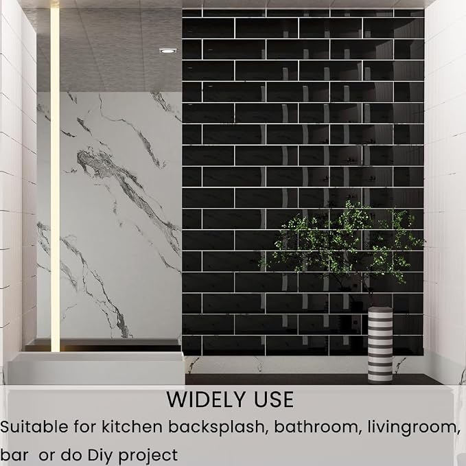 Black Glass Subway Tile 4 x 12 Inch for Kitchen Backsplash Bathroom Shower Wall Pack of 12 Pcs 4 sq.ft