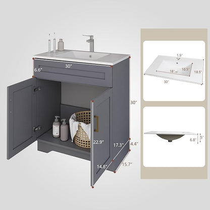 Bathroom 30" Vanity with Ceramic Sink, Wooden Double Door Bathroom Storage Cabinet, Freestanding Cabinet Vanity with Sink (Paint, Grey,30")