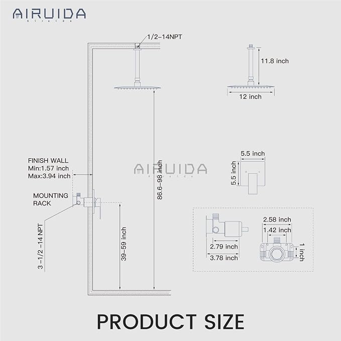 Airuida 12 Inch Brushed Gold Shower Faucet Set,Rainfall Shower System | Ceiling Shower Head,Male Thread Rough-in Valve,Ceiling Mount,Single Handle