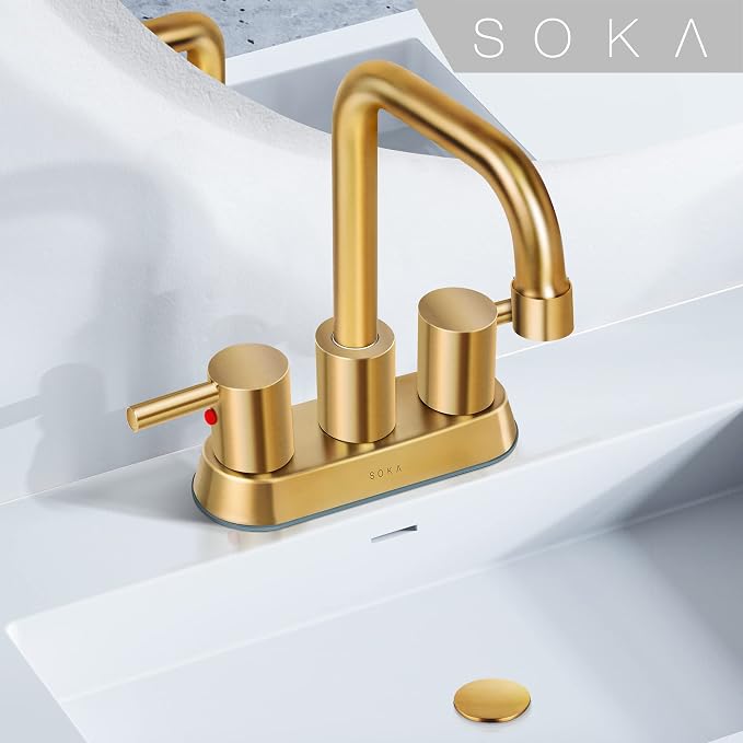SOKA Centerset Bathroom Faucet 2 Handles 4 Inch Commercial Hand Sink Touch Faucets 3 Hole Bathroom Sink Faucet Gooseneck, Gold
