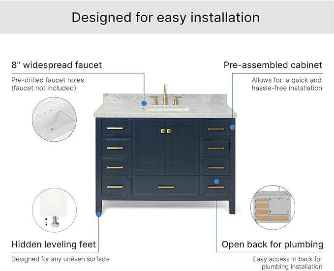ARIEL Cambridge 48-inch Bathroom Vanity with Sink,Solid Wood, 1.5-inch Italian Carrara Marble Countertop, Single Rectangular Porcelain Sink, 2 Soft Closing Doors, 9 Dovetail Drawers, Midnight Blue