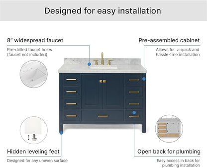 ARIEL Cambridge 48-inch Bathroom Vanity with Sink,Solid Wood, 1.5-inch Italian Carrara Marble Countertop, Single Rectangular Porcelain Sink, 2 Soft Closing Doors, 9 Dovetail Drawers, Midnight Blue